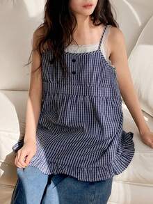 DAZY Tween Girls Woven Striped Contrast Lace Camisole Summer - Blue - View 1