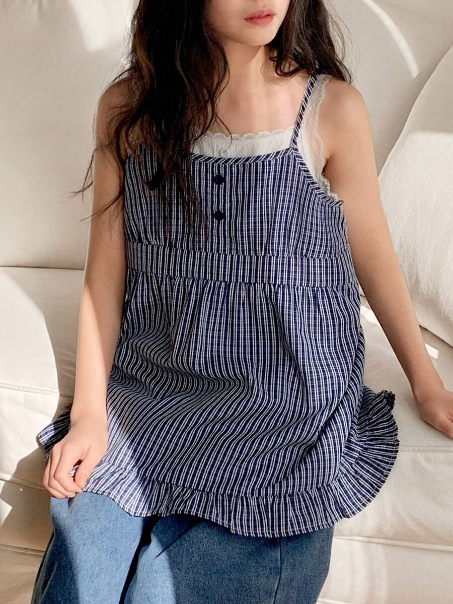 DAZY Tween Girls Woven Striped Contrast Lace Camisole Summer - Blue - View 1