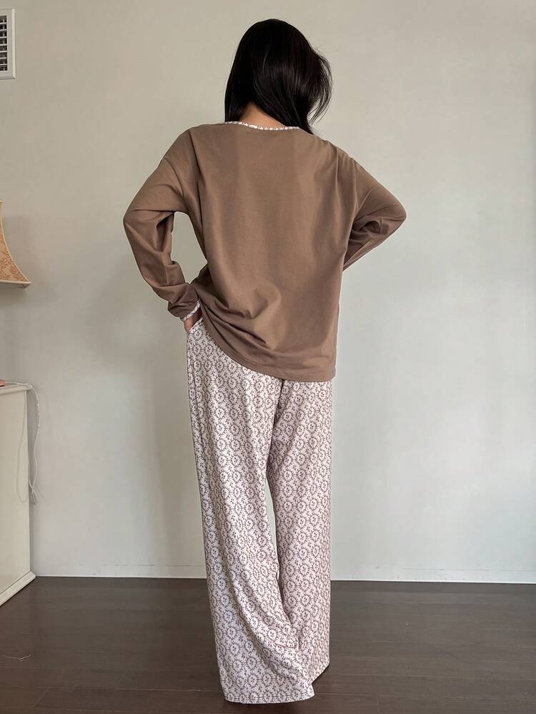 2pcs Ditsy Floral Contrast Trim Loose Long Sleeve T-Shirt And Straight Leg Pants Pajama Set For Women, Autumn