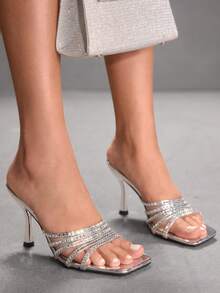 CUCCOO SZL Women's Square Toe Silver Elegant High Heel Slide Sandals, Suitable For Party Occasions - Silver - View 7