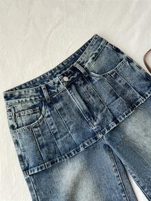 Elamini Women's Casual Washed 2 In 1 Wide Leg Jeans - Medium Wash - View 3