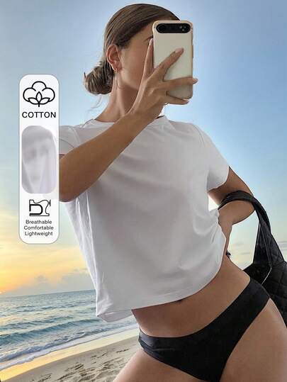 DAZY Women's Casual Solid Color Round Neck Short Sleeve T-Shirt, Versatile For Summer