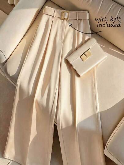 Franclia Women's Satin Trousers With Metal Belt Buckle, Loose And Elegant Wide-Leg Trousers, Autumn/Winter Women's Clothing Fabric, Summer Outfits, Summer Holiday Outfits, Women's Spring Outfits, Women's Beach Outfits, Beach Trousers, Women's Holiday Outfits, Women's Beach Vacation Outfits, Women's Formal Trousers, Champagne-Colored Trousers, Vacation Trousers For Glamorous Parties, Daily Commutes, And New Year's Holidays.Fashionable Casual Commuter Wear, Business Office Wear, Versatile And Stylish Everyday Casual Wear, Urban Teacher's Professional Attire