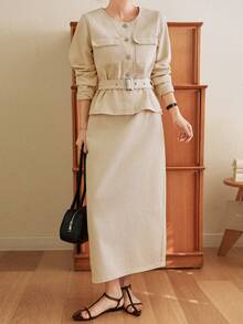 Dazy-Less Spring/Summer Loose Design Casual Shirt And Wide-Leg Jeans Old Money Luxury Women Denim Set - Apricot - View 1