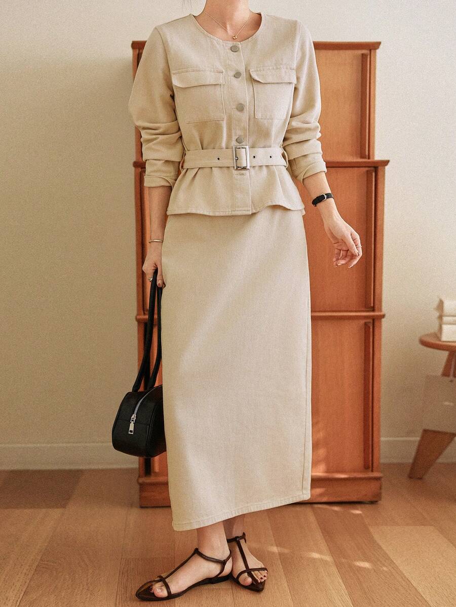 Dazy-Less Spring/Summer Loose Design Casual Shirt And Wide-Leg Jeans Old Money Luxury Women Denim Set - Apricot - View 1