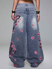 ROMWE Grunge Punk Quần jeans nữ dáng rộng, cạp đôi, thêu họa tiết hoa anh đào, phong cách đường phố. - Màu xanh lam - Xem 4