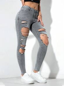 Flexra Women's Casual Versatile Everyday Wear Jeans With Pockets, Button And Distressed Design - Light Grey - View 3