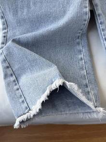 SHEIN Quần jeans ống rộng xếp ly cạp chun cho nữ tuổi teen, kiểu dáng thường ngày, đa năng, phù hợp cho các hoạt động mùa thu/đông như đi chơi, đi làm, tụ họp, ở nhà, đi nghỉ mát, và mùa tựu trường. - Rửa nhẹ - Xem 8