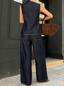 Livesso Women's Denim Suit With Turndown Collar, Asymmetric Buckle And Slim Fit Top & Long Pants - Dark Wash - View 2