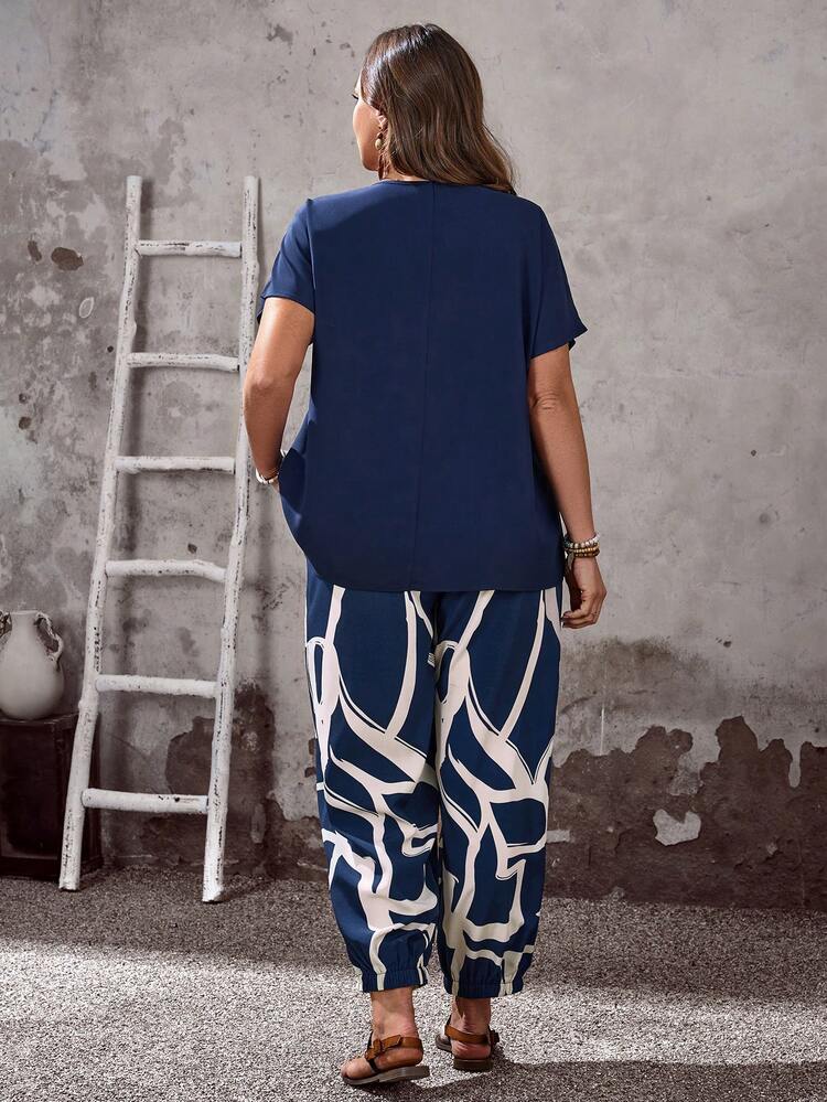 Plus Size Women's Blue Geometric Pattern 2 Pieces Set, Summer\Vacation, Casual Sets For Women, Summer Outfits