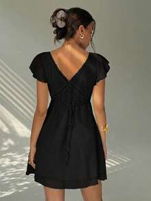 Aloruh Elegant Sexy Charming Ruffle Sleeve A-Line Deep V-Neck Backless Mini Dress For Women,Black Dress For Women - Black - View 2