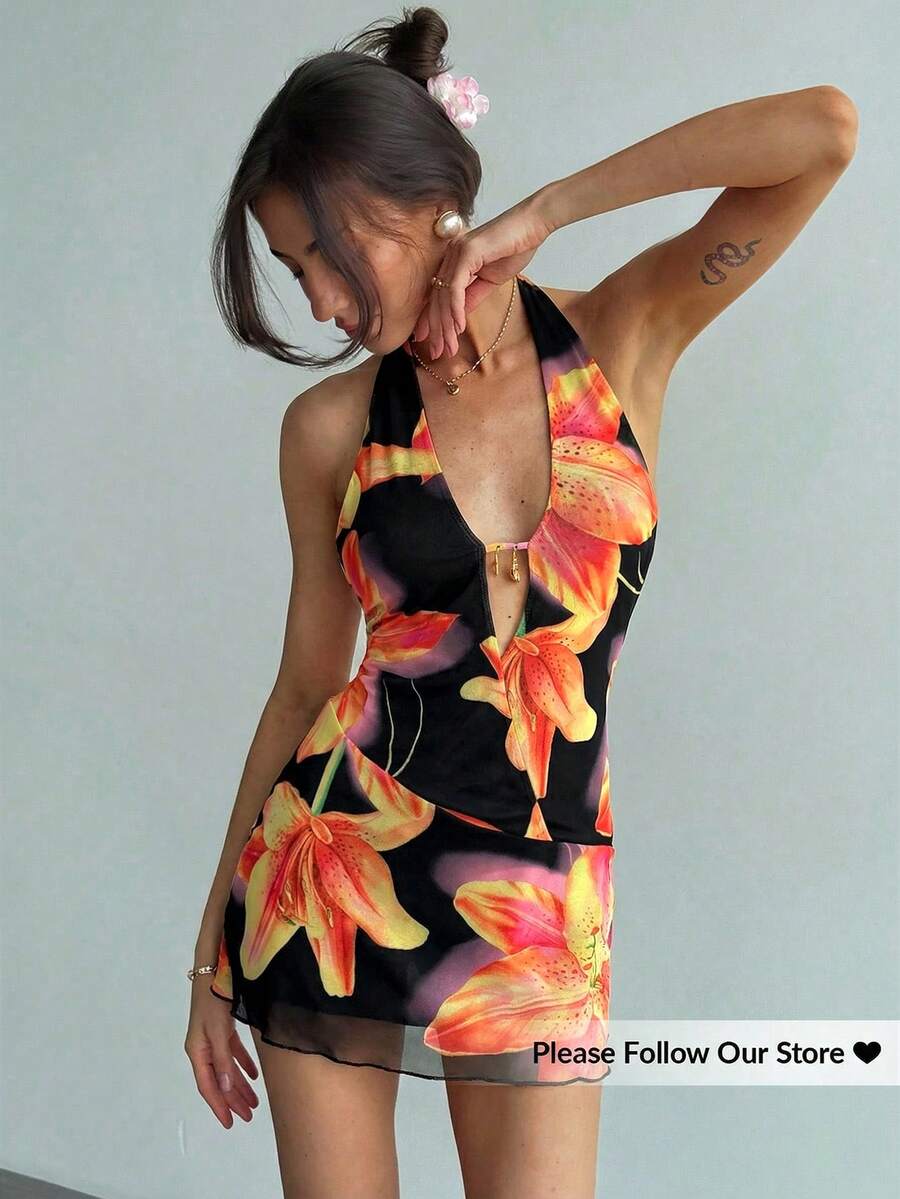 Aloruh 新款亮丽夏日欧美度假风黄色印花扎染深V领露背迷你紧身连衣裙 - 黑色 - 查看 1