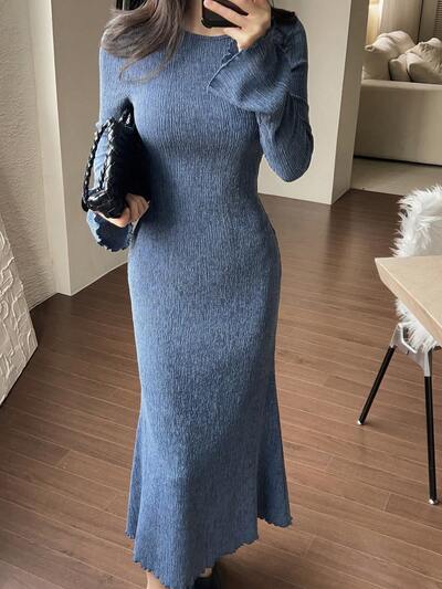 Damen Casual, Büro, Pendler einfarbiges strukturiertes Stoff Kleid mit Glockenärmeln und Fischschwanz-Saum, Frühlings-/Herbstkleid Sommerkleid