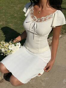 SHEIN EZwear 杏色针织女式撞色蕾丝荷叶边袖前系带衬衫 - 杏色 - 查看 6