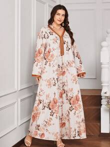 Al Najma Đầm maxi dáng xòe cổ chữ V in hoa kiểu Thổ Nhĩ Kỳ dành cho nữ cỡ lớn, thích hợp cho mùa xuân/thu. - trái cam - Xem 4