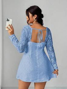 Elenzga Plus Size Solid Color Square Neck Lace Patchwork Elegant Long Sleeve Dress - Blue - View 2