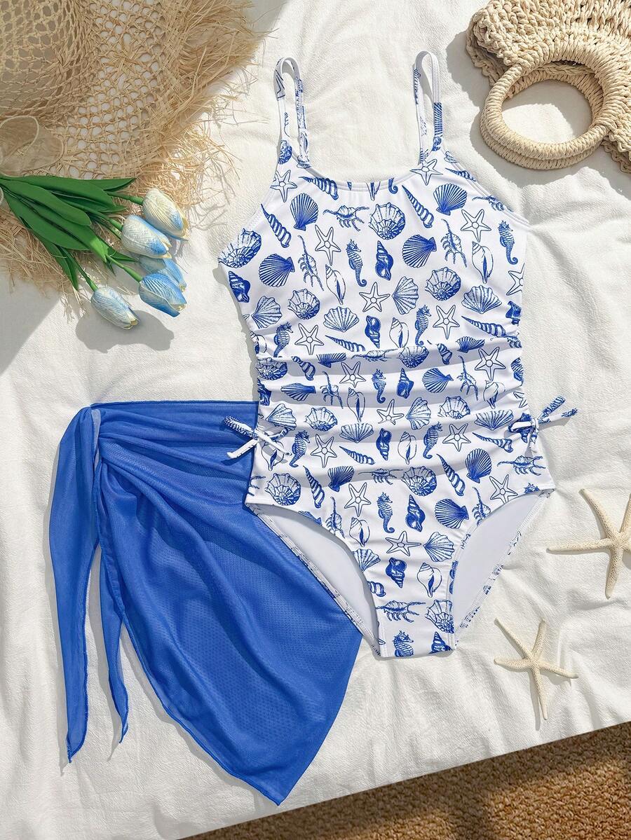 SHEIN 少女蓝色贝壳印花连体泳衣,带网纱裙摆,时尚休闲夏季海滩泳池拍照服 - 藏蓝色 - 查看 1
