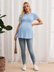 SHEIN Maternity Eyelet Embroidery Sleeve Peplum Tee - Baby Blue - View 3