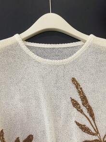 GlowEve Minimalist Embroidered Round Neck Loose Fit Relaxed Long Sleeve Pullover Sweater, Versatile For Women In Spring/Autumn - Apricot - View 4