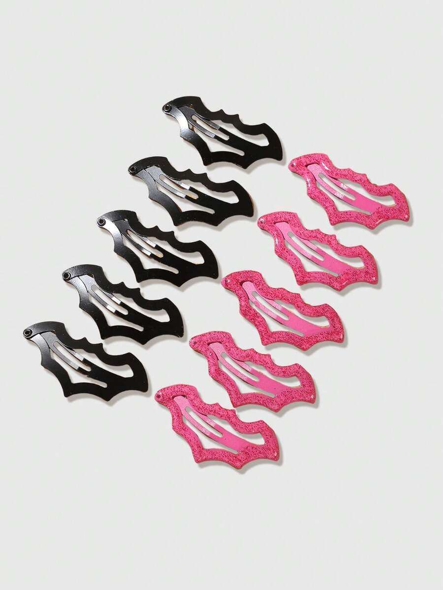 ROMWE Grunge Punk 10个新款万圣节蝙蝠闪光发夹，粉色黑色撞色金属女孩甜美爱心酷炫风边夹，派对拍照必备发饰 - 10pcs/set - 查看 1