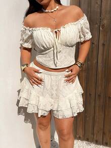 Sunnyshic Bộ đồ 2 mảnh gợi cảm cỡ lớn gồm áo trễ vai thắt nơ và quần short, thích hợp cho đi chơi, nghỉ mát, đi biển. - Màu be - Xem 4