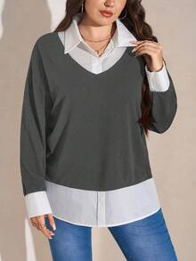 SHEIN LUNE 大码女式黑白撞色连帽衫衬衫领二合一上衣 感恩节女装 新年女装 冬季女装 锐舞派对 - 灰色 - 查看 5