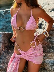 Bonvoyette 闪亮亮片吊带金属环设计度假沙滩比基尼套装 - 粉色 - 查看 1
