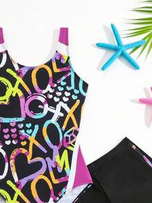 SHEIN 全新少女时尚字母印花连体紧身衣泳装套装