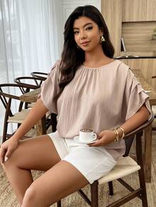 SHEIN LUNE 大码女式圆领褶皱袖宽松休闲衬衫，春夏款 - 卡其色 - 查看 3
