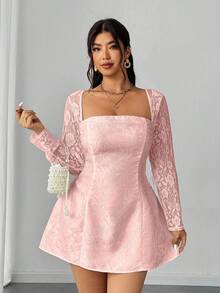 Elenzga 大码女士优雅蕾丝拼接露背系带连衣裙，春夏款 - 粉色 - 查看 3
