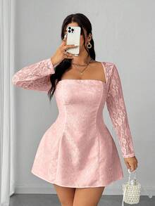 Elenzga 大码女士优雅蕾丝拼接露背系带连衣裙，春夏款 - 粉色 - 查看 6