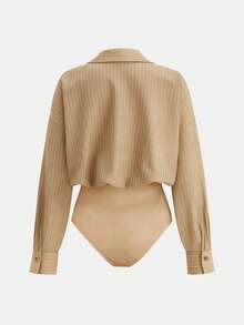 Airaco Áo liền thân tay dài dáng rộng in họa tiết sọc, có túi và cúc, kiểu dáng thường ngày, dành cho người có vóc dáng mũm mĩm. - Màu Khaki - Xem 2