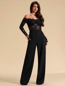 SHEIN BAE Black Lace Sexy Sheer Hollow-Out One-Shoulder Jumpsuit For Women, Elegant Ladies Jumpsuit, Lace Wide-Leg Jumpsuit - Black - View 3