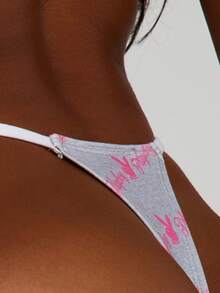 Missguided x Playboy 品牌Logo印花丁字裤，撞色弹力带设计，日常穿着舒适 - 灰色 - 查看 2