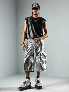 ROMWE MEN Street Life Men's Fashionable Shiny Silver 7-Inch Cargo Shorts, Summer - Silver - View 7