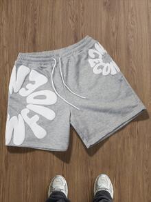 TOKVUE 男士字母印花抽绳腰休闲短裤，夏季 - 灰色 - 查看 2