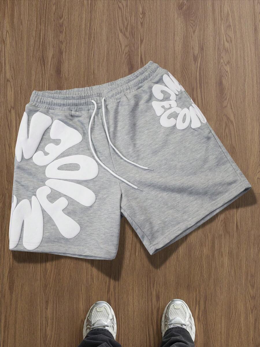 Manfinity Hypemode Men's Casual Letter Print Drawstring Shorts For Summer - Light Grey - View 1