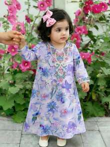 Baby Girl's Light Blue Floral Arabian Robe,Elegant Jalabiya For Wedding Guest,Autumn Long-Sleeved Kaftan Dress,Traditional Arabic Clothing & Outfits - Multicolor - View 3