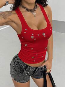 StreetHx Women's Summer Fashion Street Punk Eyelet Fitted Tank Top - Red - View 3