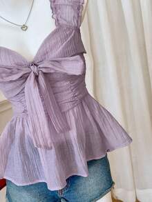 Modelyn Women's Casual Knotted Sweetheart Neck Ruffle Hem Blouse, Summer - Mauve Purple - View 6