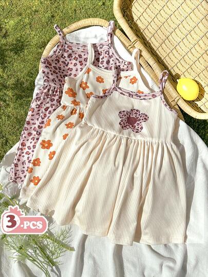 SHEIN Vintaside Kids 3pcs/Set Baby GirlCute Floral & Butterfly Print Comfortable Simple Dress
