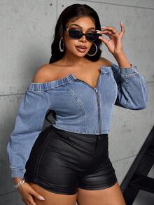 Jeanoix Plus Size Casual Everyday Washed Zip Off Shoulder Denim Top - Light Wash - View 5