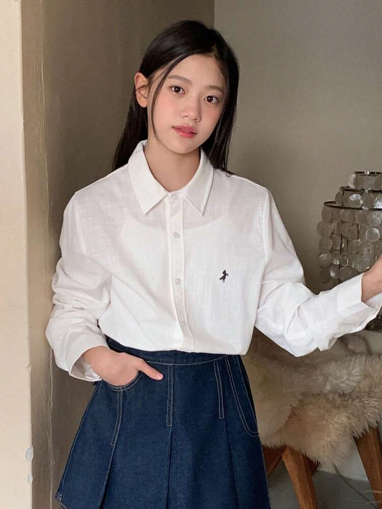 Teen Girl Turndown Collar Single-Breasted Unicorn Print Casual Versatile Daily Short Sleeve Shirt Long Sleeve Tops Women