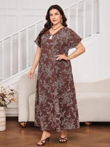 Al Najma Plus Size Short Sleeve Printed Fringe Long Casual Turkish Maxi Dress, Arabic Traditional Style - Coffee Brown - View 6