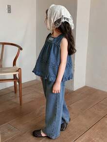 DAZY Conjunto de 2 piezas de top sin mangas con cuello de jean y jeans para niña, conjunto de ropa de otoño - Azul - Ver 5