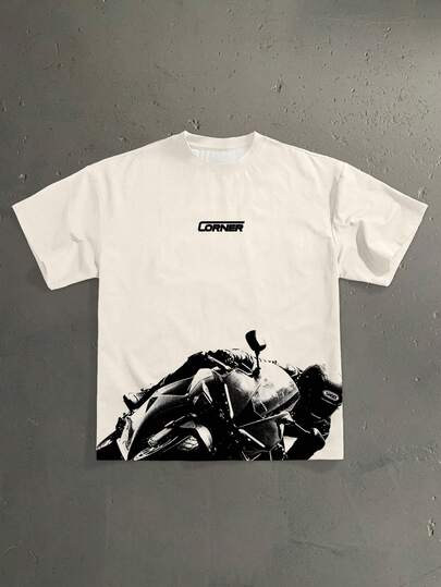 StoneGrade Motorcycle Racing Silhouette Casual Print Men's Regular Fit Loose Shoulder Short Sleeve T-Shirt, Essential For Dates And Gatherings, Fashionable Outfit, Suitable As Gift For Boyfriend