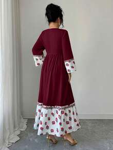 Yasmyna 女士花卉印花拼接方领喇叭袖流苏设计优雅阿拉伯连衣裙 - 酒紅色 - 查看 2