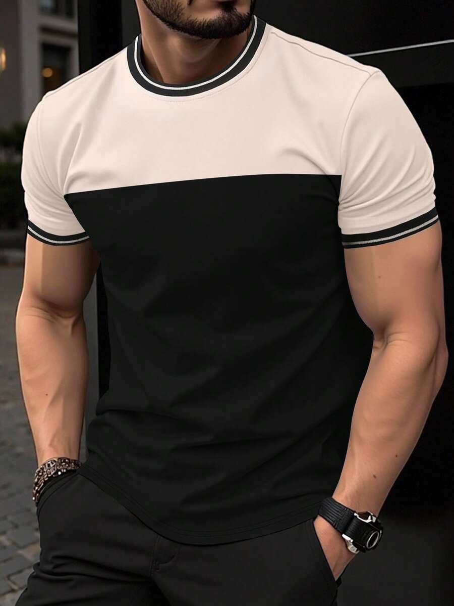 Manfinity Homme 男士条纹圆领短袖休闲百搭T恤，男士复古风，适合日常休闲、周末旅行、户外活动、探险旅行、轻松的工作环境或半正式场合，可作为男友/丈夫礼物、周年纪念/生日礼物、派对、夏季假期、婚礼、春夏、复活节等场合穿着。男士时尚撞色圆领Polo衫短袖休闲修身款，男士T恤，男士夏季服装，男士背心，男士时尚设计师T恤 - 彩色 - 查看 1