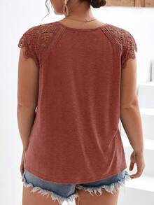 SHEIN Frenchy Áo thun nữ cỡ lớn tay raglan phối ren tương phản cổ tròn thanh lịch - trái cam - Xem 2