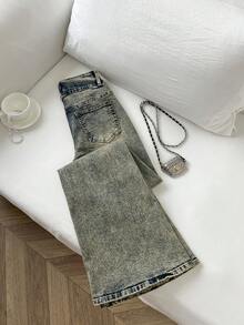 SHEIN Tall Casual Washed Flared Hem Lace-Up Jeans - Blue - View 2